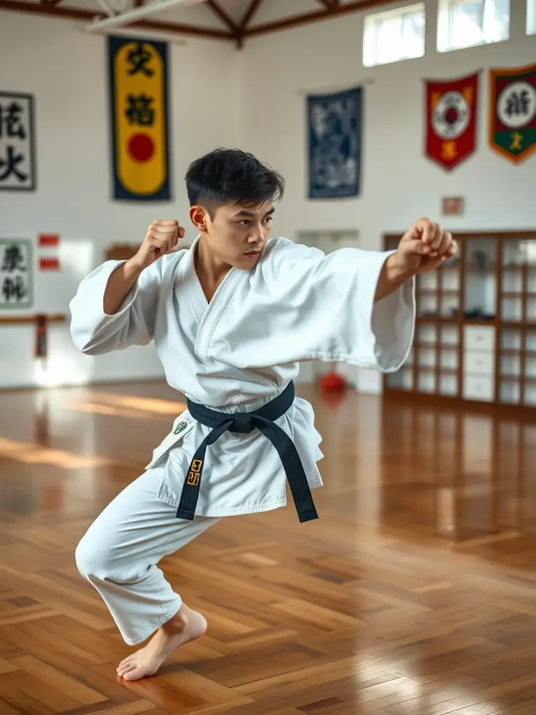A teenager performing a complex karate kata with precision and focus during an advanced training session at K.I.M.E. CLUB DE BOURGES.