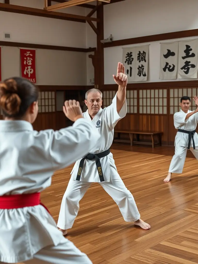 An image of adults (ages 18+) practicing kata in a traditional dojo setting. The participants are demonstrating precision and control.