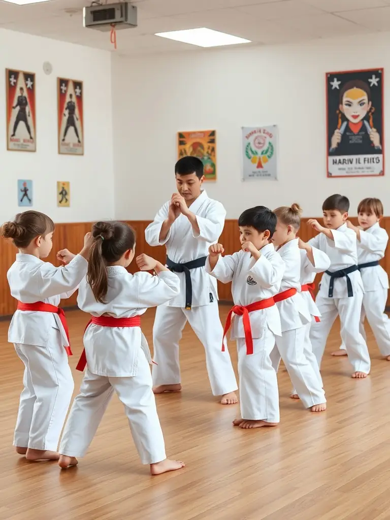 A group of children in karate uniforms practicing basic stances under the guidance of an instructor at K.I.M.E. CLUB DE BOURGES.