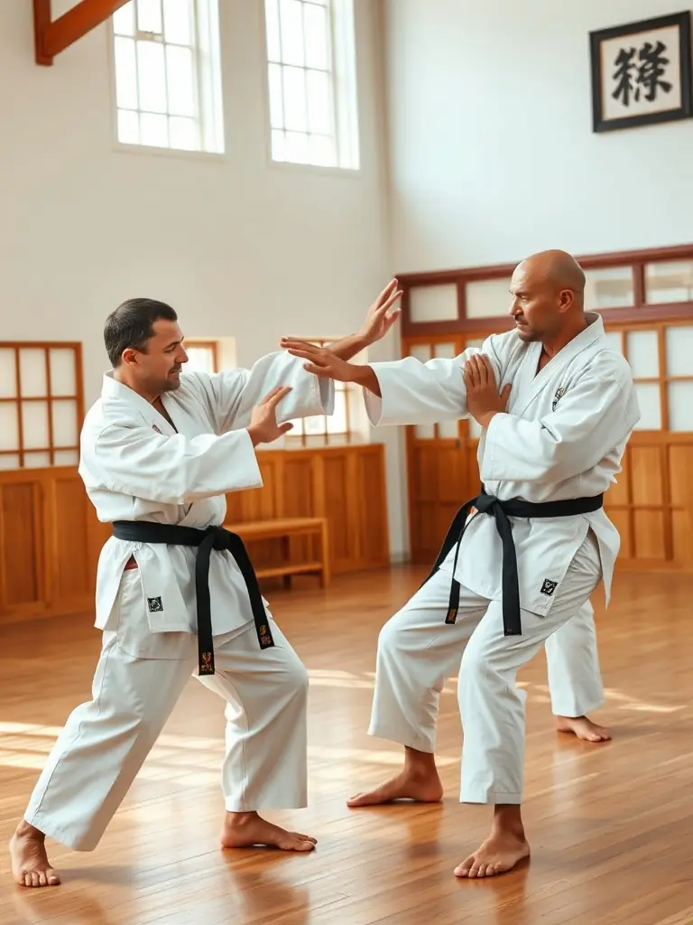 Adults practicing advanced karate techniques, such as sparring and kata, at K.I.M.E. CLUB DE BOURGES.