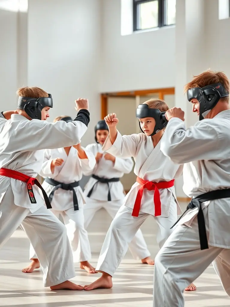 Students participating in a kumite (sparring) session with protective gear, under the supervision of a qualified instructor at K.I.M.E. CLUB DE BOURGES.