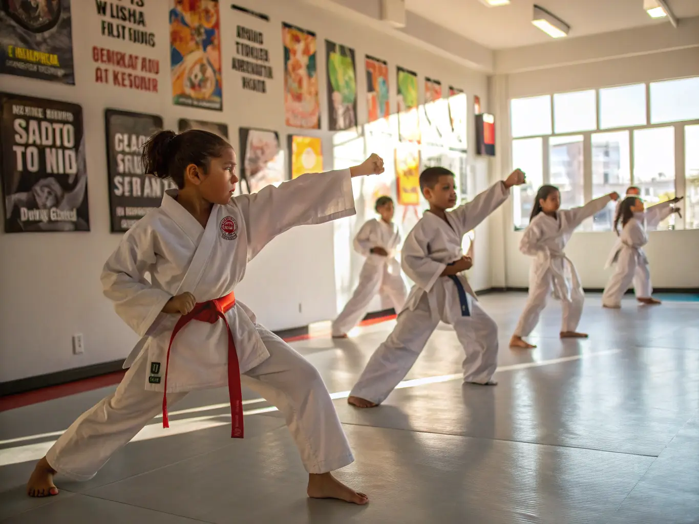 A group of children in karate uniforms practicing basic stances under the guidance of an instructor in a dojo setting, emphasizing the beginner-friendly aspect of the kids' program.