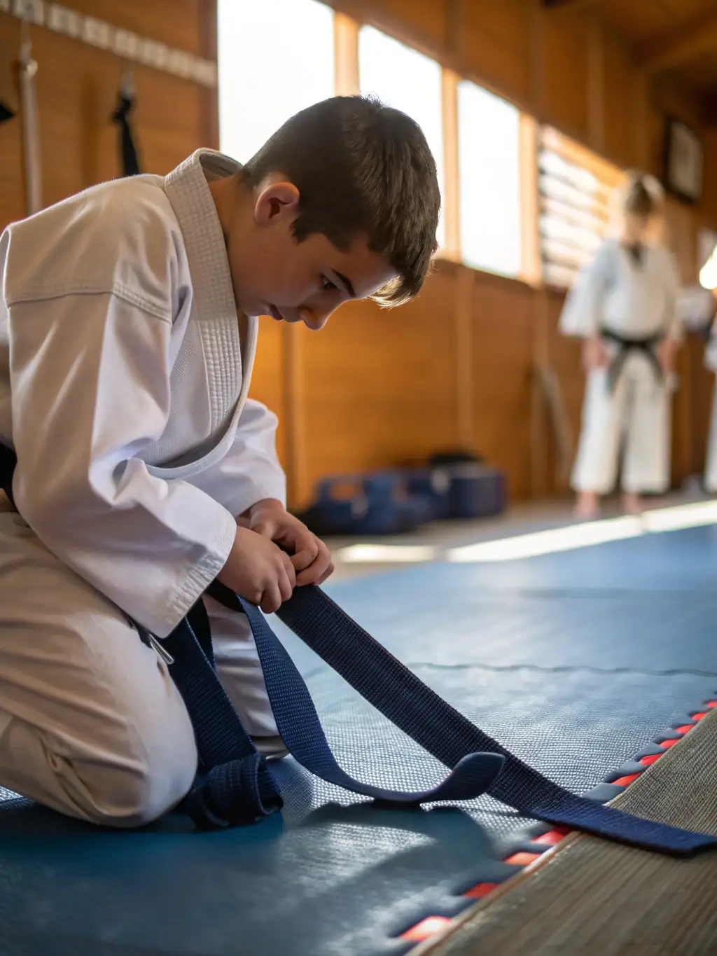 A confident karate student sparring with a partner, demonstrating the self-defense skills and increased self-esteem gained through training at K.I.M.E. CLUB DE BOURGES.