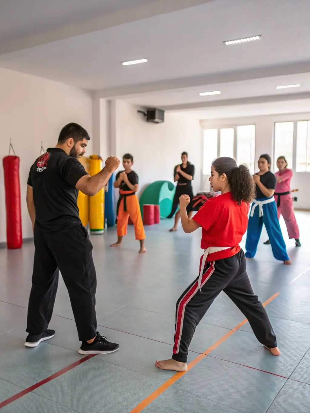 A picture of teenagers (ages 13-17) practicing sparring techniques with protective gear in a karate class. The atmosphere is energetic and focused.
