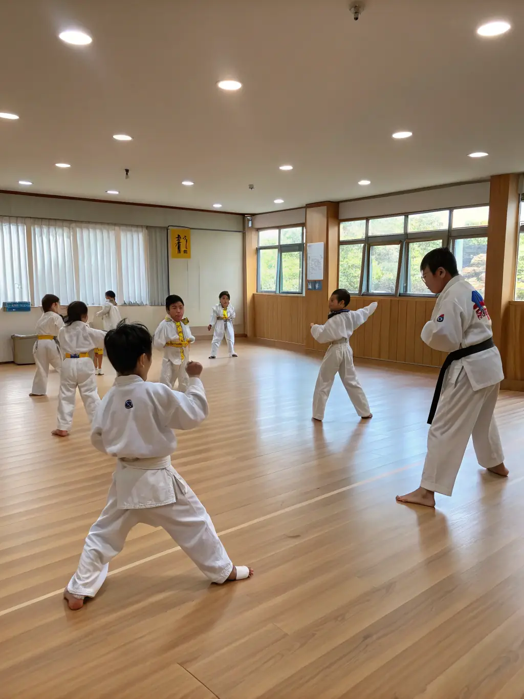 A group of children in karate uniforms practicing basic stances under the guidance of an instructor at K.I.M.E. CLUB DE BOURGES.