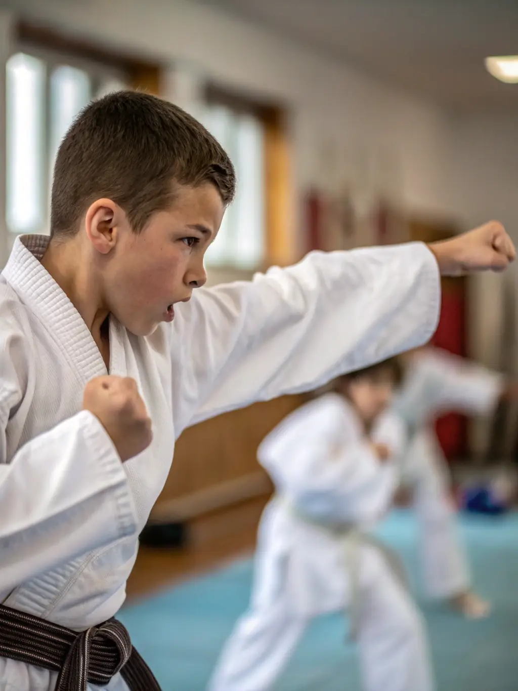 A focused young karate student executing a precise punch during a training session at K.I.M.E. CLUB DE BOURGES, demonstrating the development of physical technique and mental concentration.
