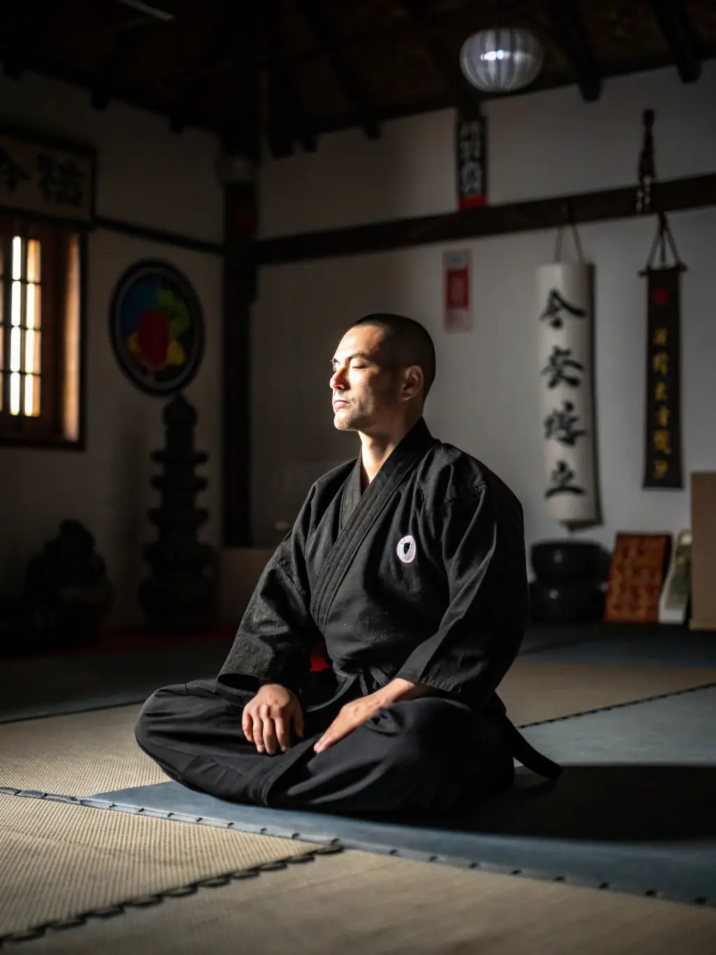 A serene image of a karate practitioner meditating in the dojo, highlighting the mental discipline and focus cultivated through karate practice at K.I.M.E. CLUB DE BOURGES.