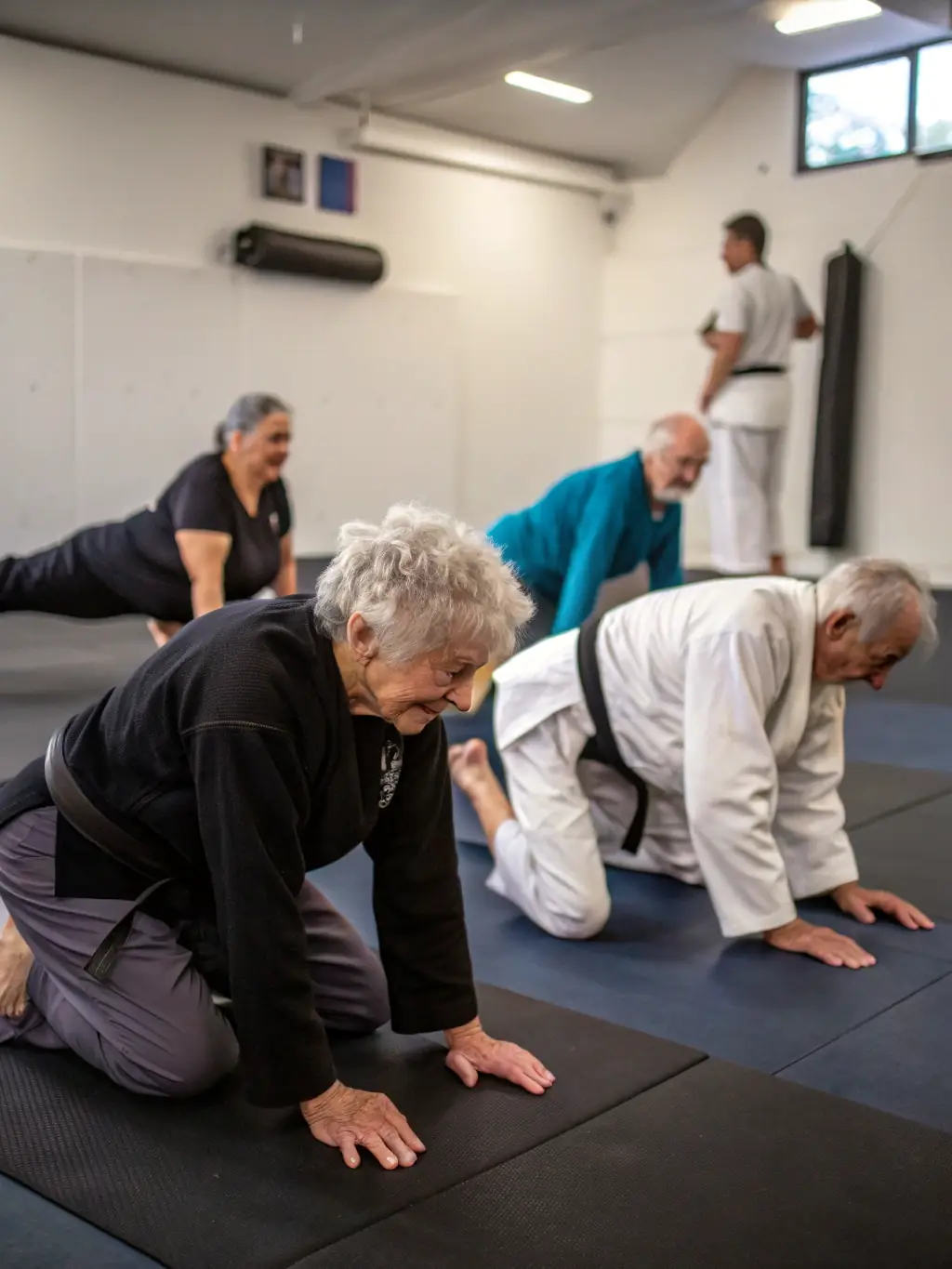 A photo of senior citizens (ages 60+) participating in a modified karate class, focusing on gentle movements and balance exercises. The setting is relaxed and supportive.