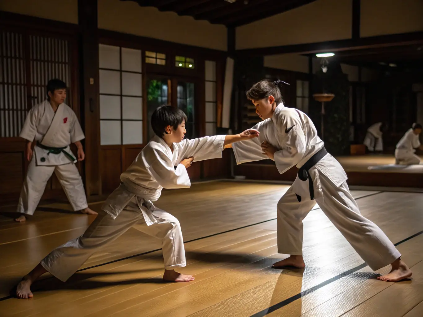 A dynamic image of adult karate students practicing sparring techniques, showcasing the intensity and skill involved in advanced training.