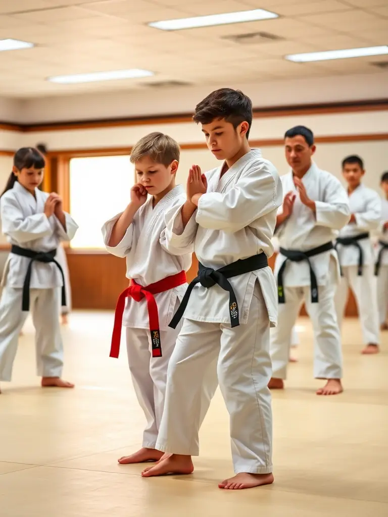 Adults in karate uniforms practicing sparring techniques under the supervision of a sensei at K.I.M.E. CLUB DE BOURGES.