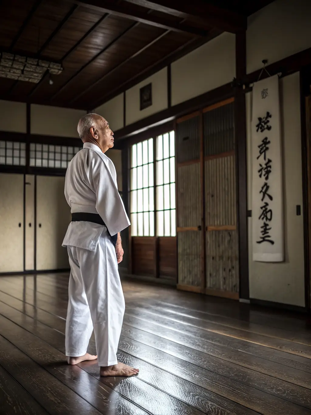 A senior karate practitioner demonstrating a graceful yet powerful movement during a demonstration at K.I.M.E. CLUB DE BOURGES.
