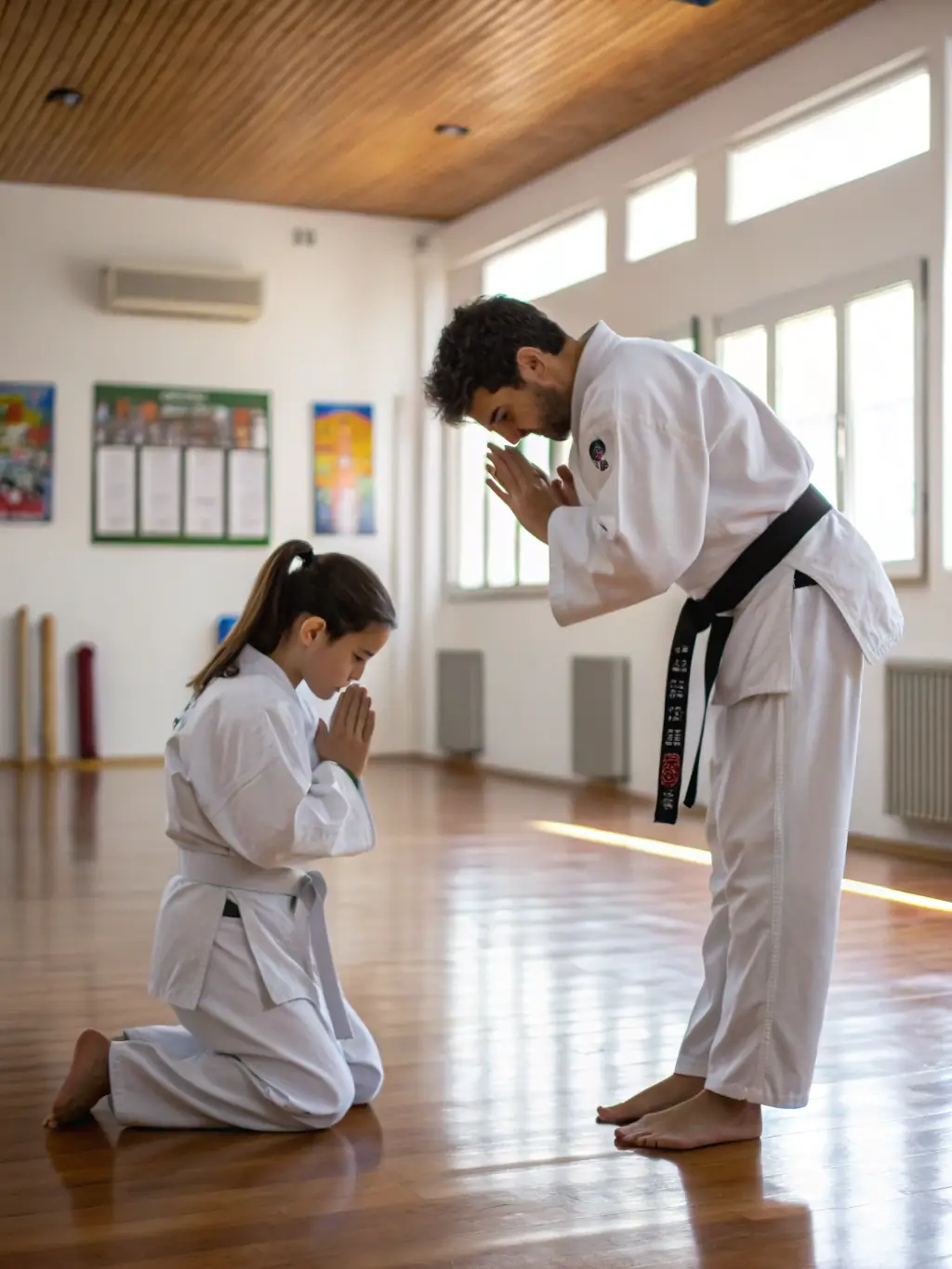 A group of K.I.M.E. CLUB DE BOURGES students bowing respectfully to their instructor, showcasing the values of respect, discipline, and tradition in karate.