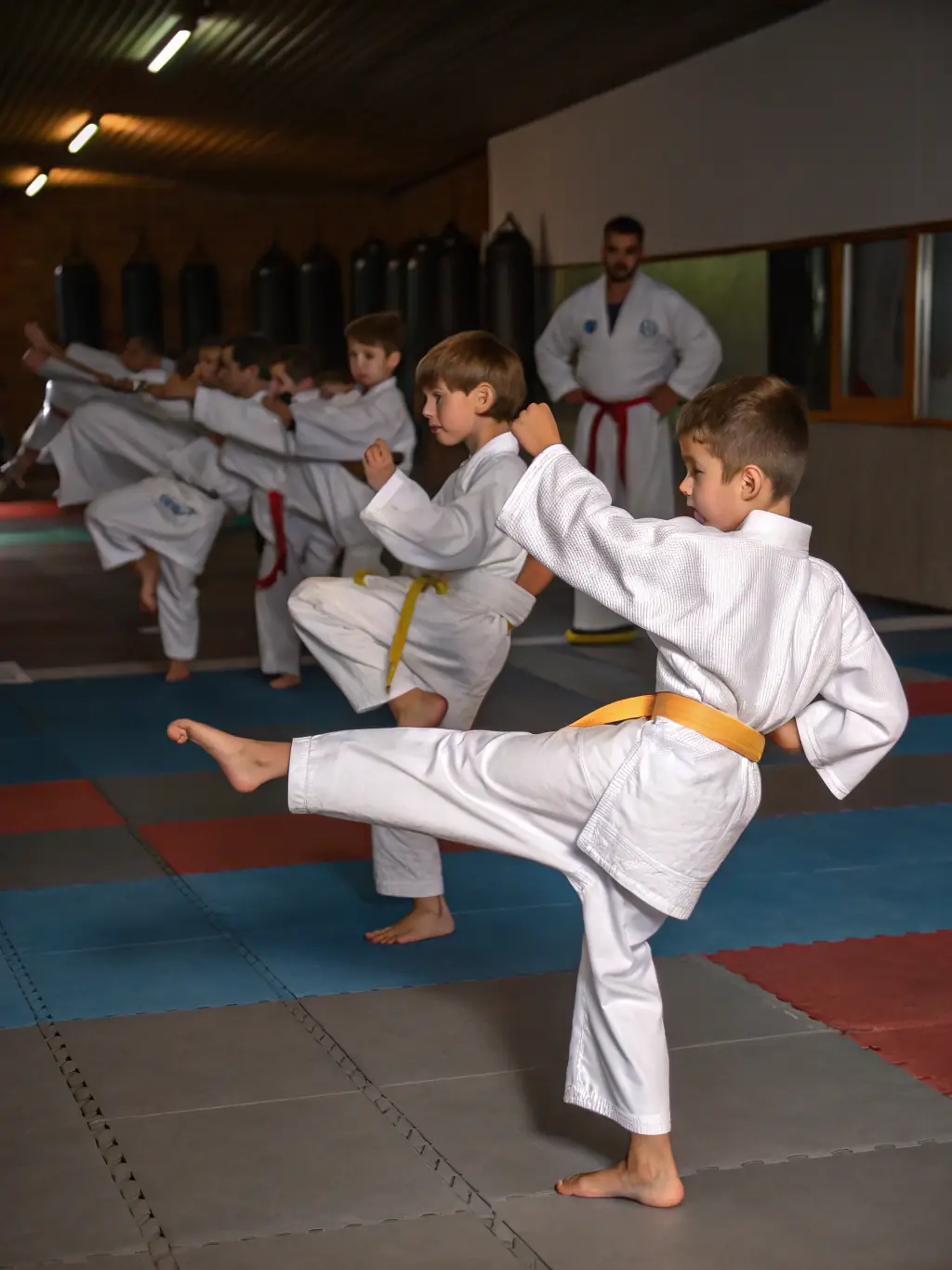 A photo of young children (ages 5-7) in karate uniforms, attentively listening to their instructor during a beginner's class. The dojo is clean and safe, with mats on the floor.